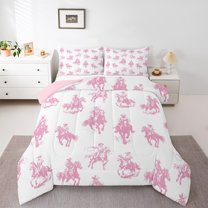 Homewish Western Cowboy Cowgirl 3 Pieces Queen Comforter Set for Kids Children Teens,Pink White Ultra Soft Bedding Sets,Exotic Style Bedding Comforter Set Breathable,Lightweight Room Decor