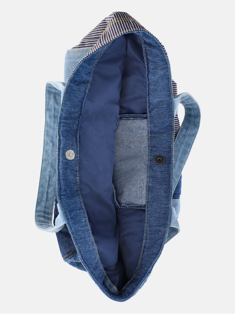 Kacey Lee Women's Denim Tote Bag, Hickory Stripe and Patchwork