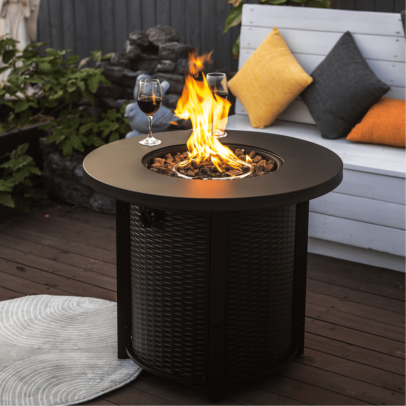 HONEY HOME 32" Round Propane Fire Pit Table, 50,000 BTU Steel Gas Fire Pit for Outdoor, Fire Table with Lid for Patio Deck Garden Backyard, Black.