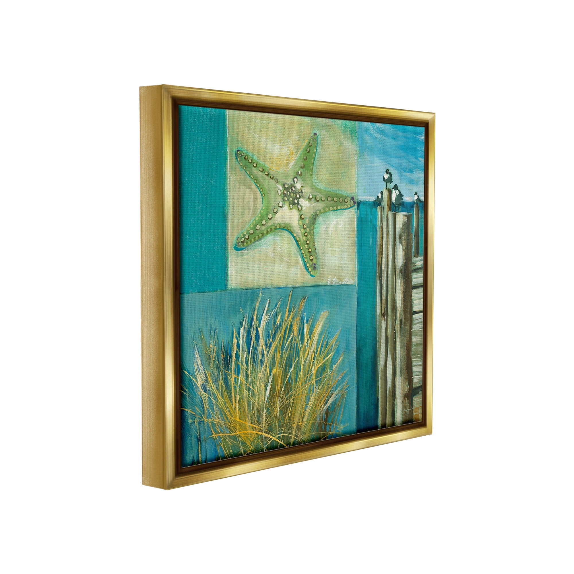 Stupell Industries Modern Beach Dock Collage Landscape Painting Gold Floater Framed Canvas Art Print Wall Art, 25 x 25