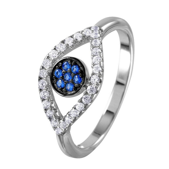 Rhodium Plated Sterling Silver 925 Open Evil Eye Ring Blue Band Cubic Zirconia Jewelry Female Size 9