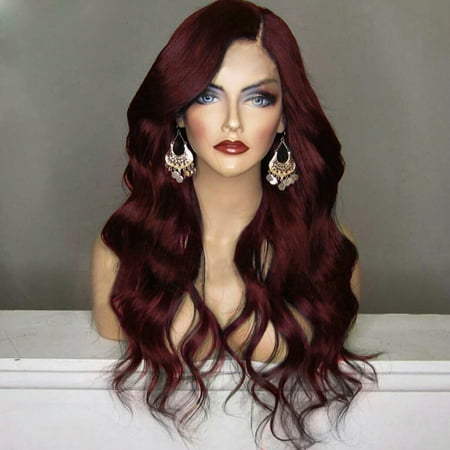 Style Synthetic Wig Orgshine Wig Female High Quality Intranet Western Style African Negro Side Part Synthetic Big Wave Shaggy Long Curly Hair With Hairnet, Wine Red ()