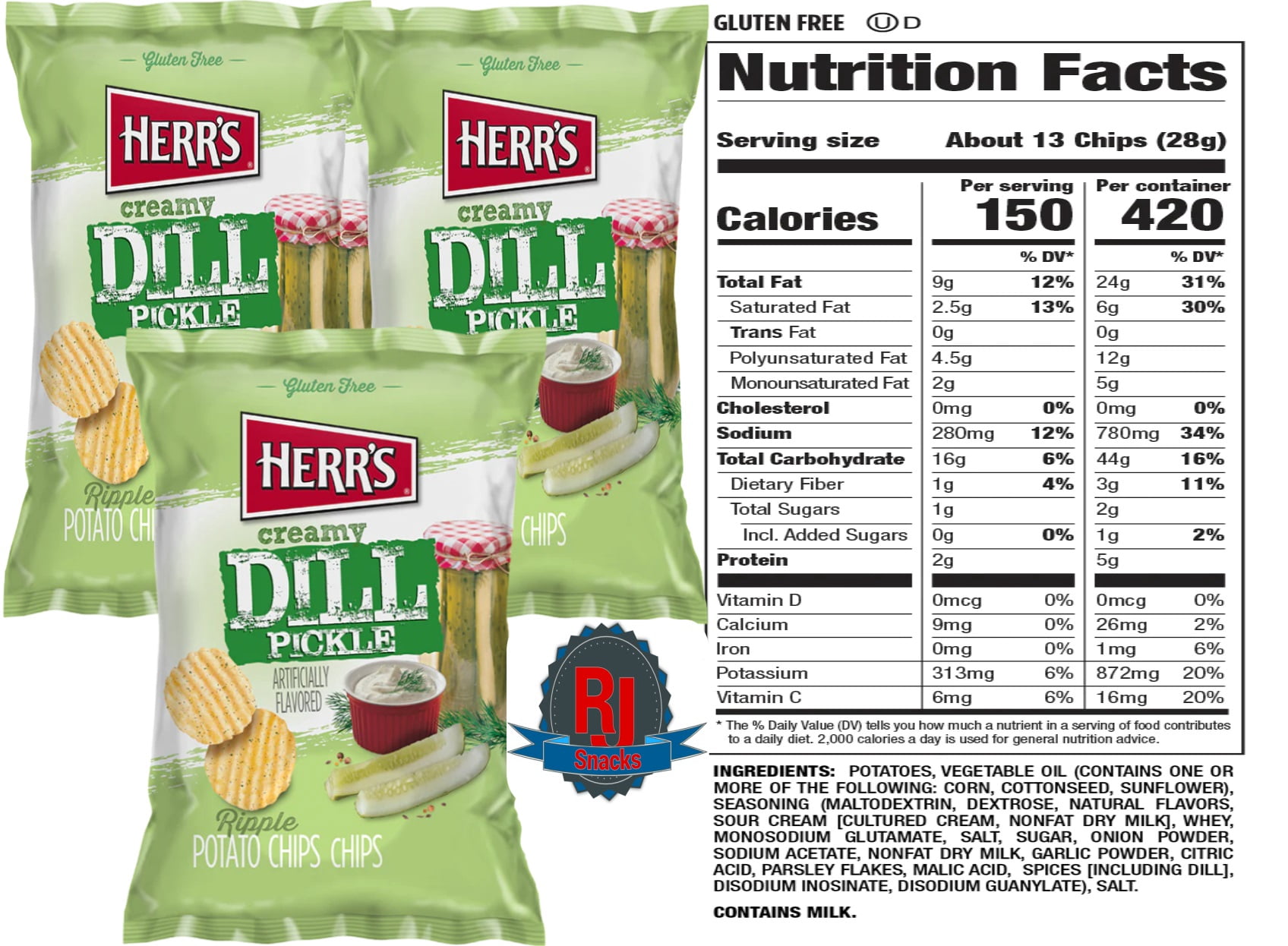 Herr`s Creamy Dill Potato Chips 1 oz Pack of 42 (Curated by RJ Snacks)