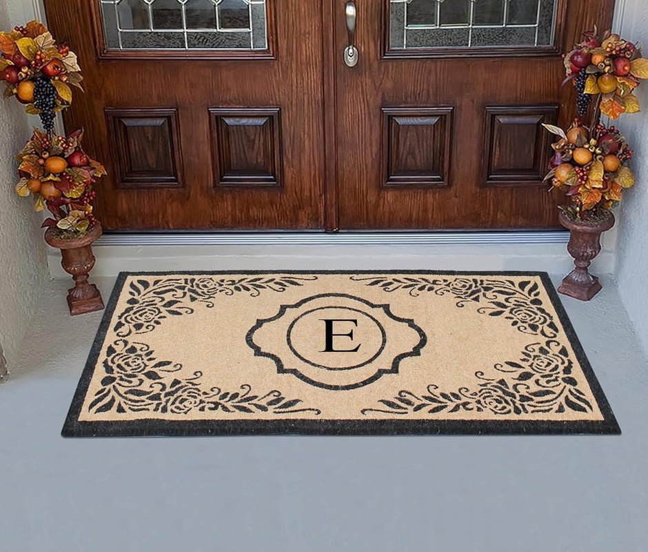 A1HC Natural Coir Monogrammed Floral Door Mat, 36"x72", Durable Anti-Shed Outdoor Door Mat, Heavy-Duty, Low-Profile, Easy to Clean