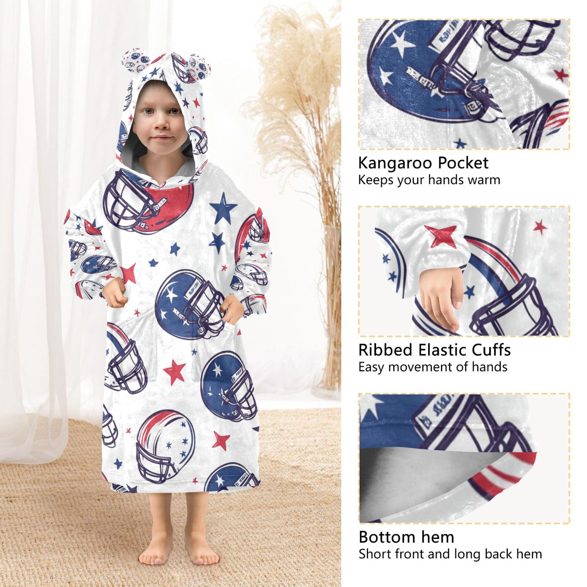 FORMRS Wearable Blanket Hoodie with Sleeves for Kids Cozy Flannel Sweatshirt, Cartoon American Football Helmets