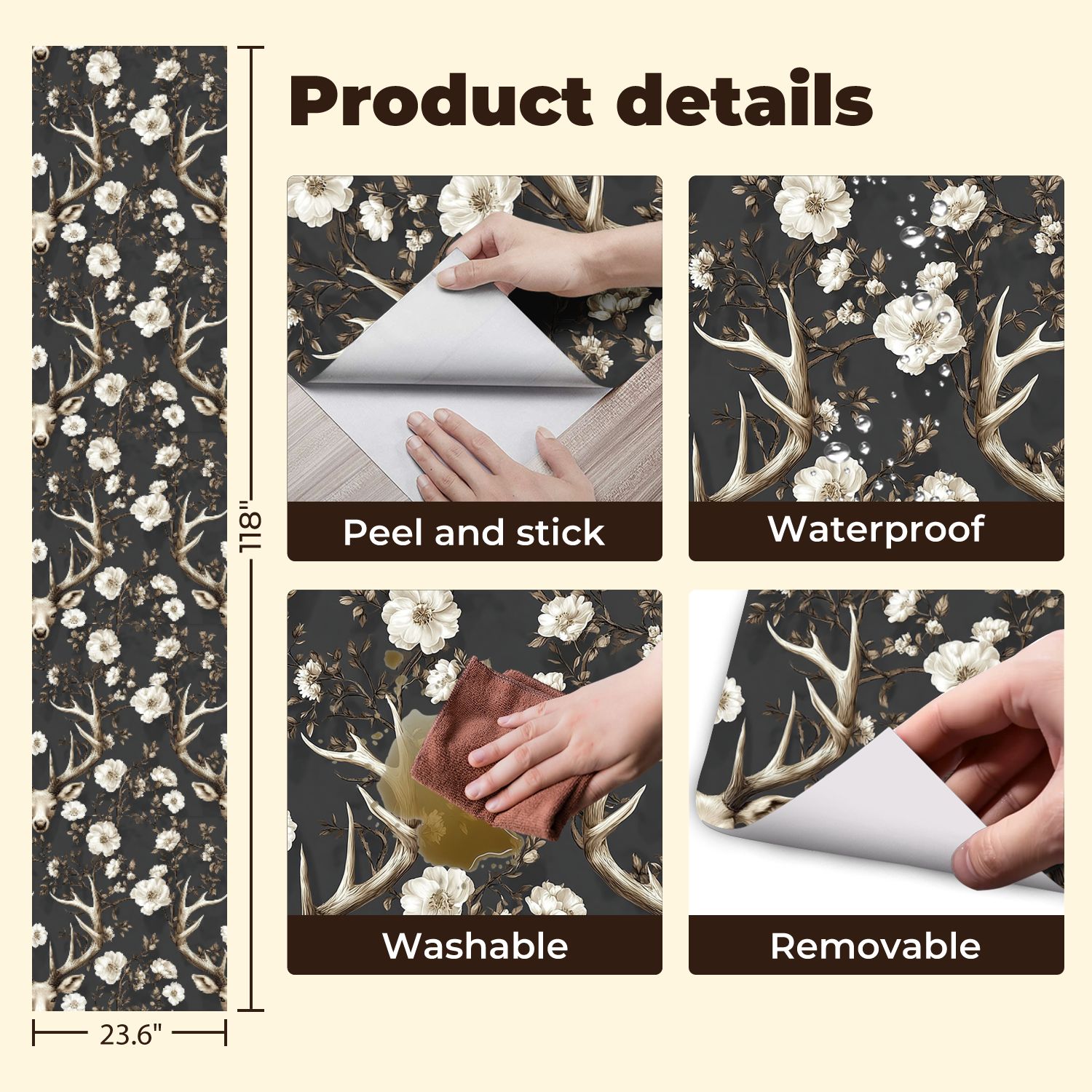 Peel and Stick Wallpaper 23.6in x 9.8ft Antlers Floral Neutral Beige Tones Dark Contact Paper Vinyl Self-Adhesive Removable Wall Paper for Bedroom DIY Home Decor Renter Friendly