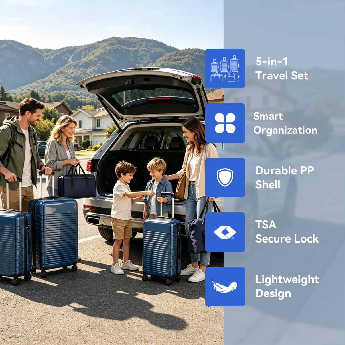 5-Piece PP Luggage Set with TSA Lock, 20"/24"/28" Spinner Suitcases + Handbag + Toiletry Bag, TPE Silent Wheels, Travel Accessory Bundle for Family Trips