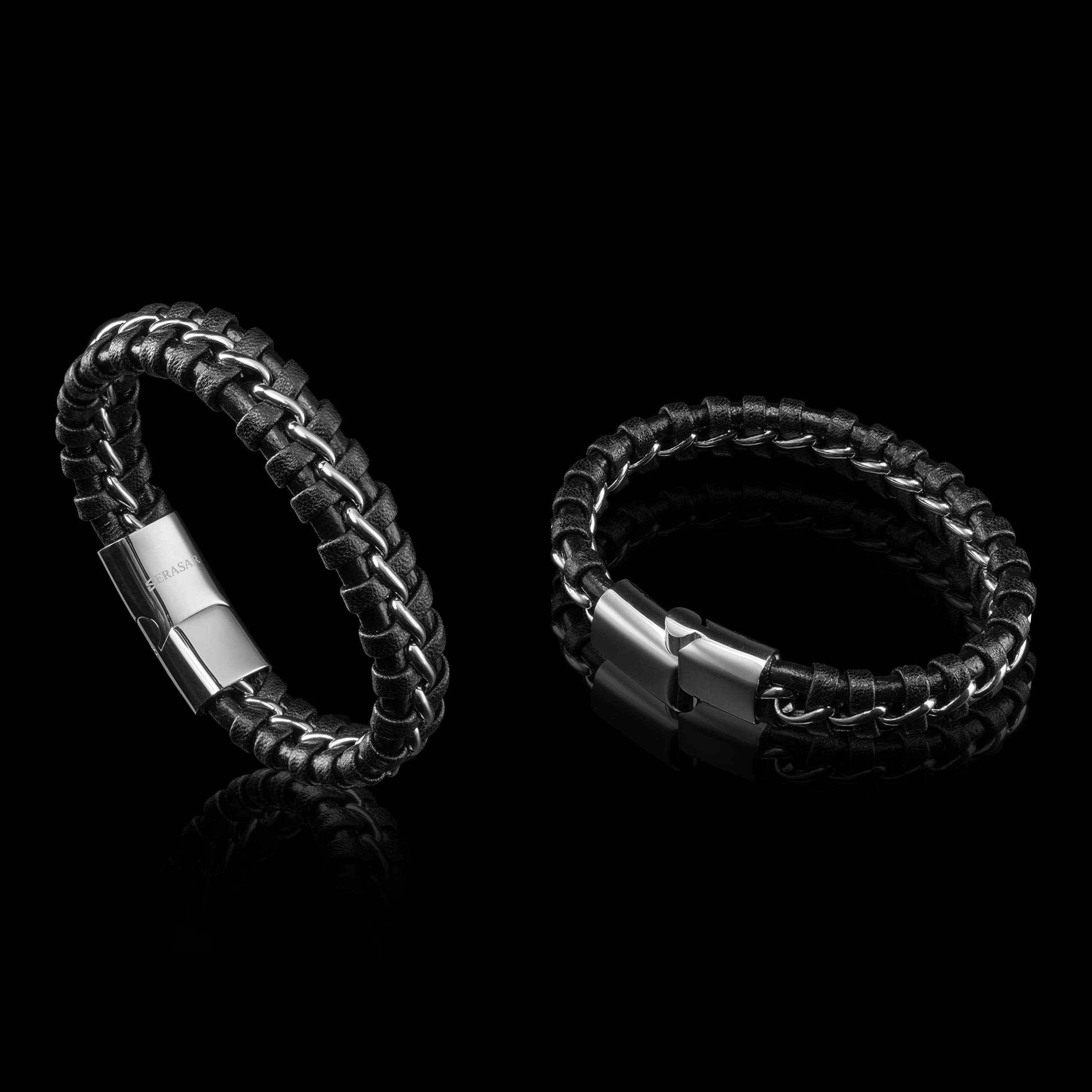 SERASAR Leather Bracelet for Men "Joy" with stainless steel magnetic closure, Silver 20cm, including gift box