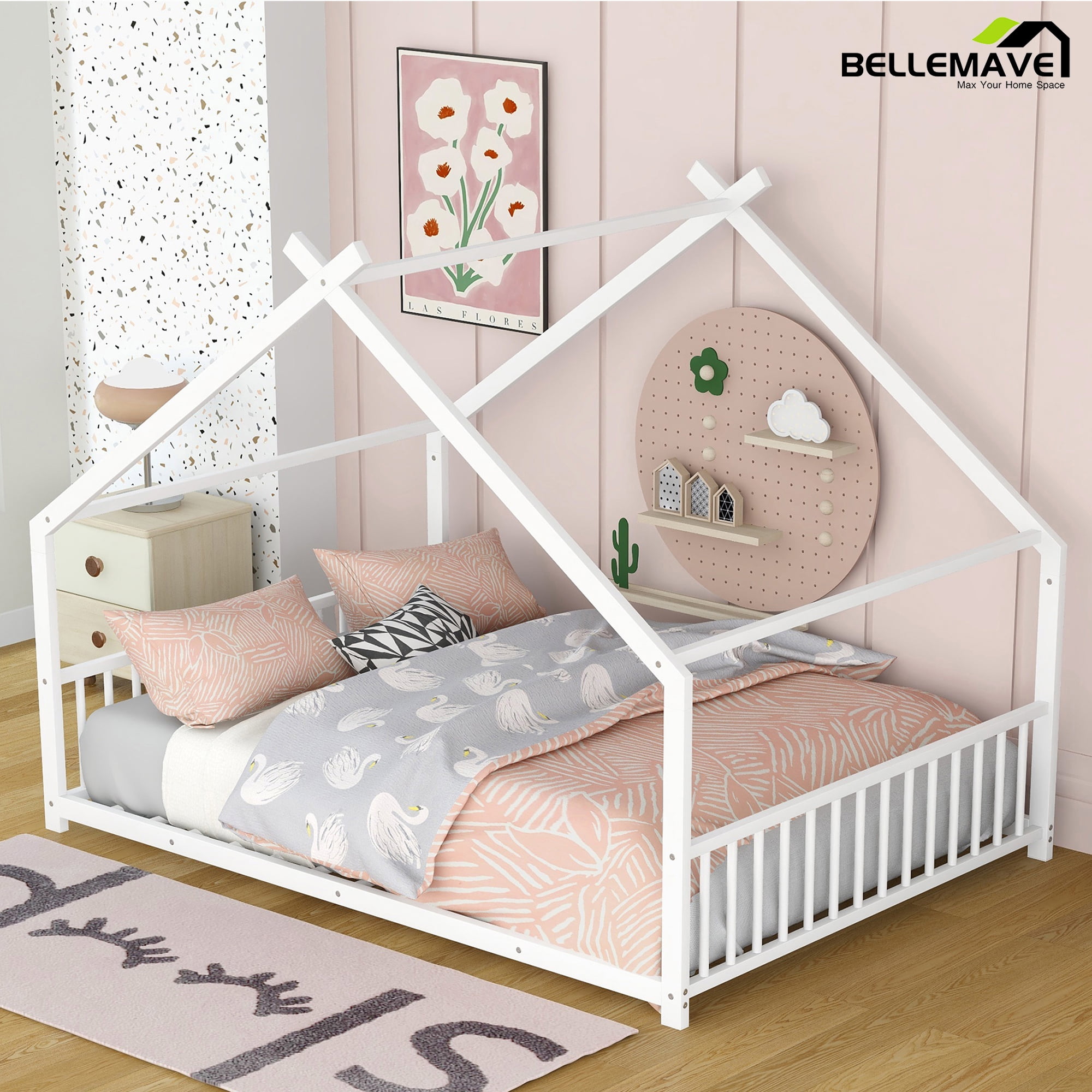 Bellemave Full Size Metal House Bed with Headboard and Footboard Montessori House Bed, Metal Floor Bed with Roof, No Box Spring Needed, White