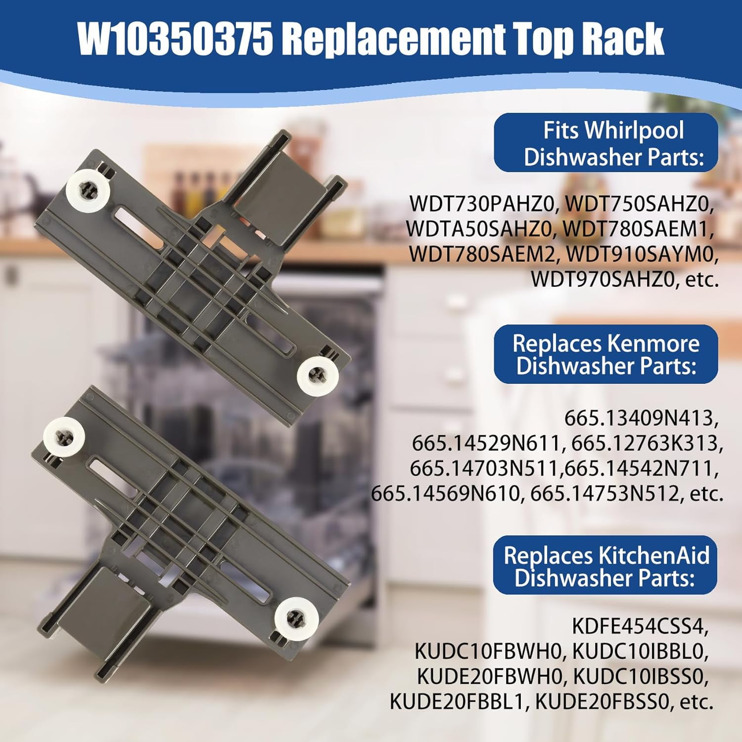 2 Packs W10350375 UPGRADED Replacement Top Rack Replace for kenmore whirlpool Dishwasher Parts, Replace W10712395 AP5957560, Dishwasher Upper Rack Parts Fit for WDT730PAHZ0 WDTA50SAHZ0 WDT970SAHZ0