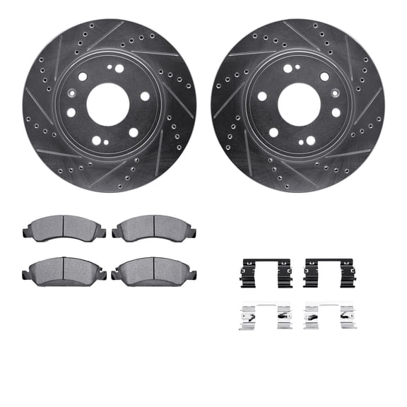 Dynamic Friction Company Front Brake Rotors-Drilled and Slotted-Silver with Heavy Duty Brake Pads includes Hardware 7212-48172