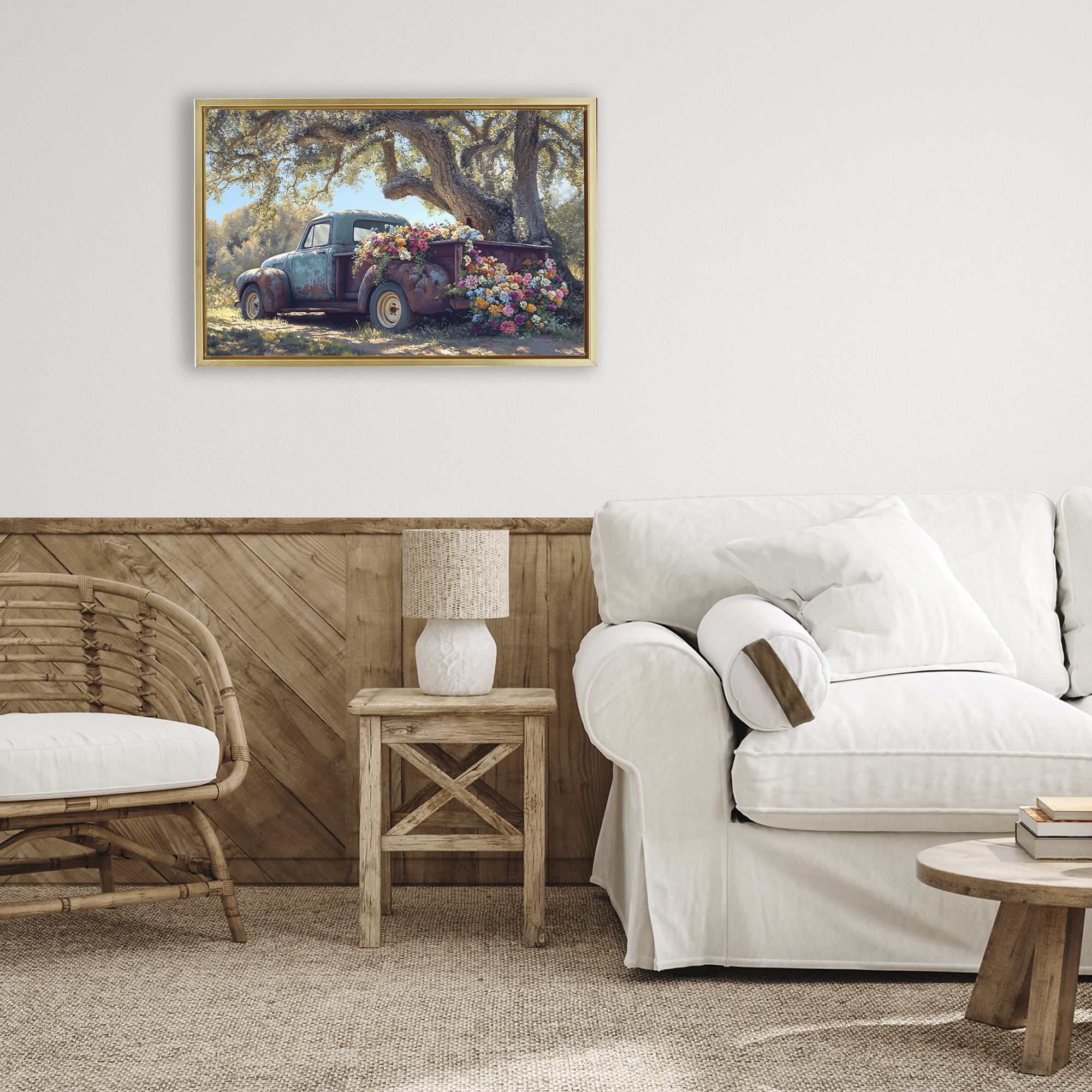 Stupell Industries Repurposed Truck Filled with Flowers Gold Framed Floater Canvas Wall Art, design by Franklyn Gregory