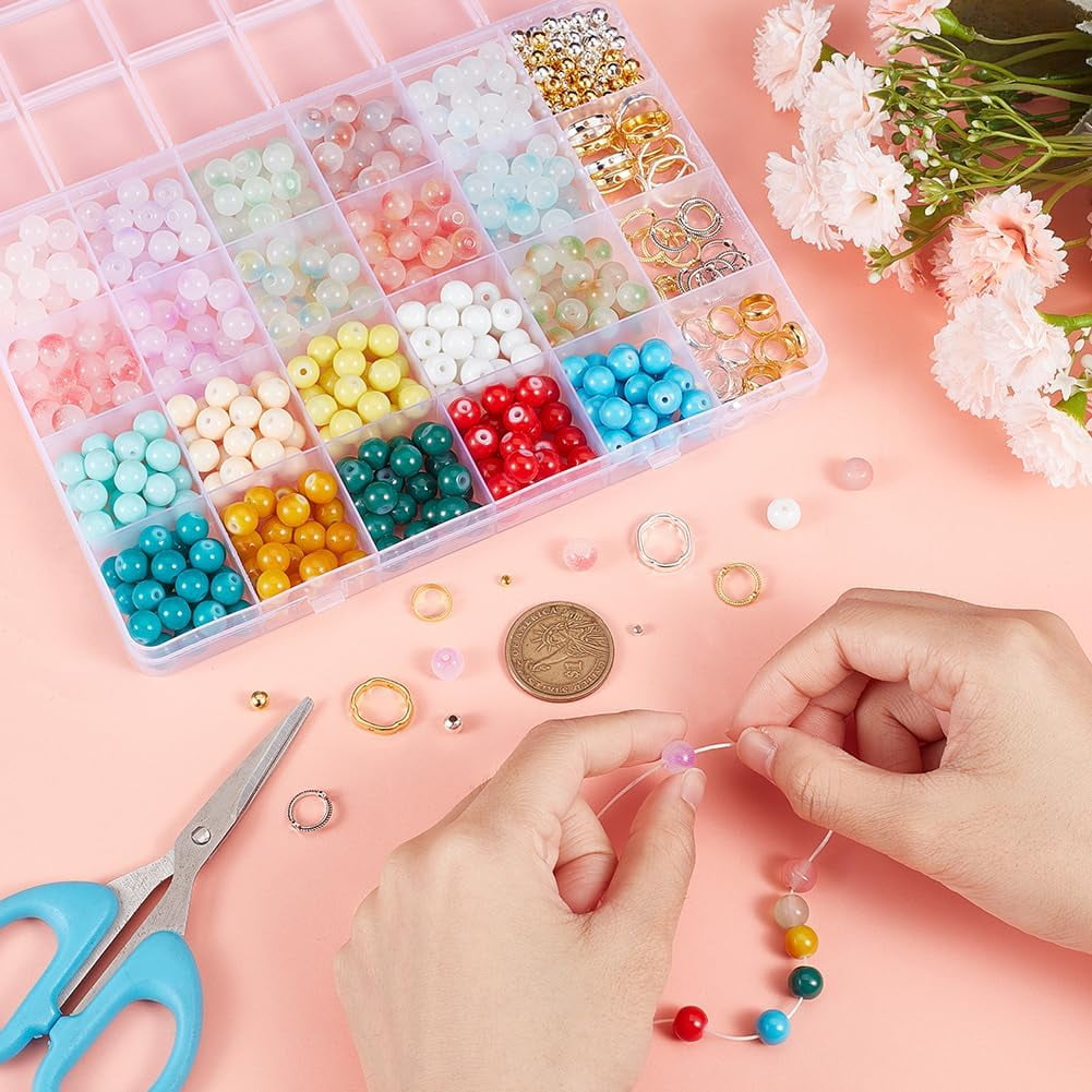 PH 860PCS Glass Beads for Jewelry Making 20 Colors 8mm Beads Bracelet Making Kit with Iron Spacer Beads and Alloy Bead Frame for DIY Beading Necklace Adults Beginners Colorful