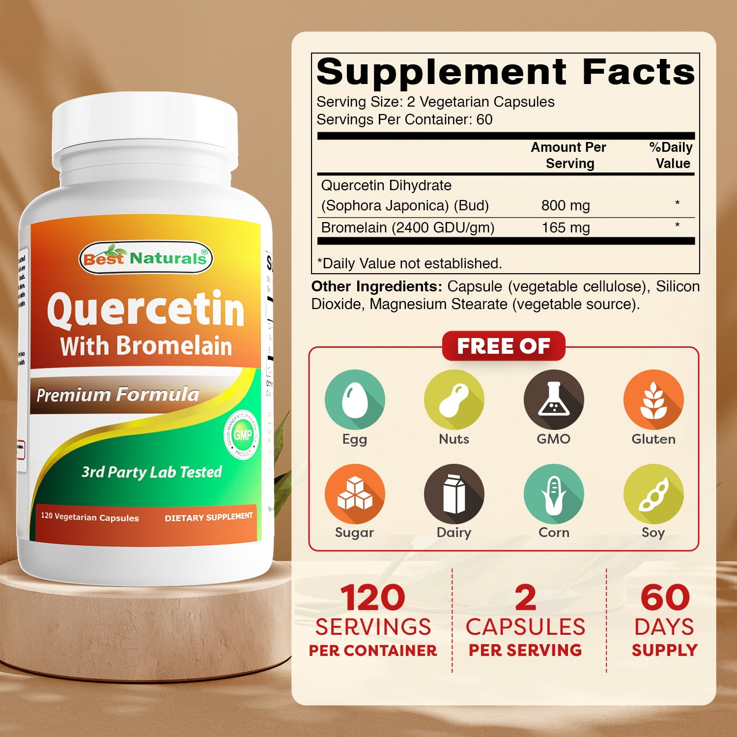 (2 pack) Best Naturals Quercetin with Bromelain 120 Vegetarian Capsules - 800 mg of Quercetin & 165 mg of Bromelain (400 GDU/g) | (Total 120 Vegetarian Capsules)