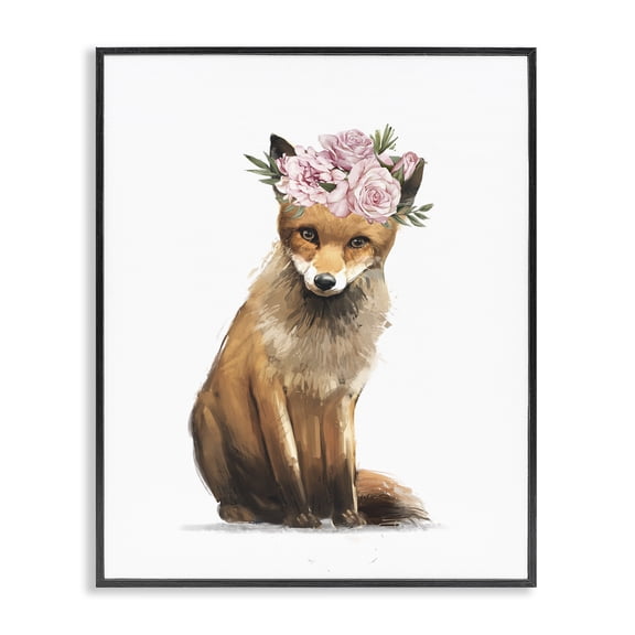 Stupell Industries Bohemian Precious Pink Floral Crown Fox Forest Animal Black Framed Giclee Art, 11 x 14, by Ziwei Li