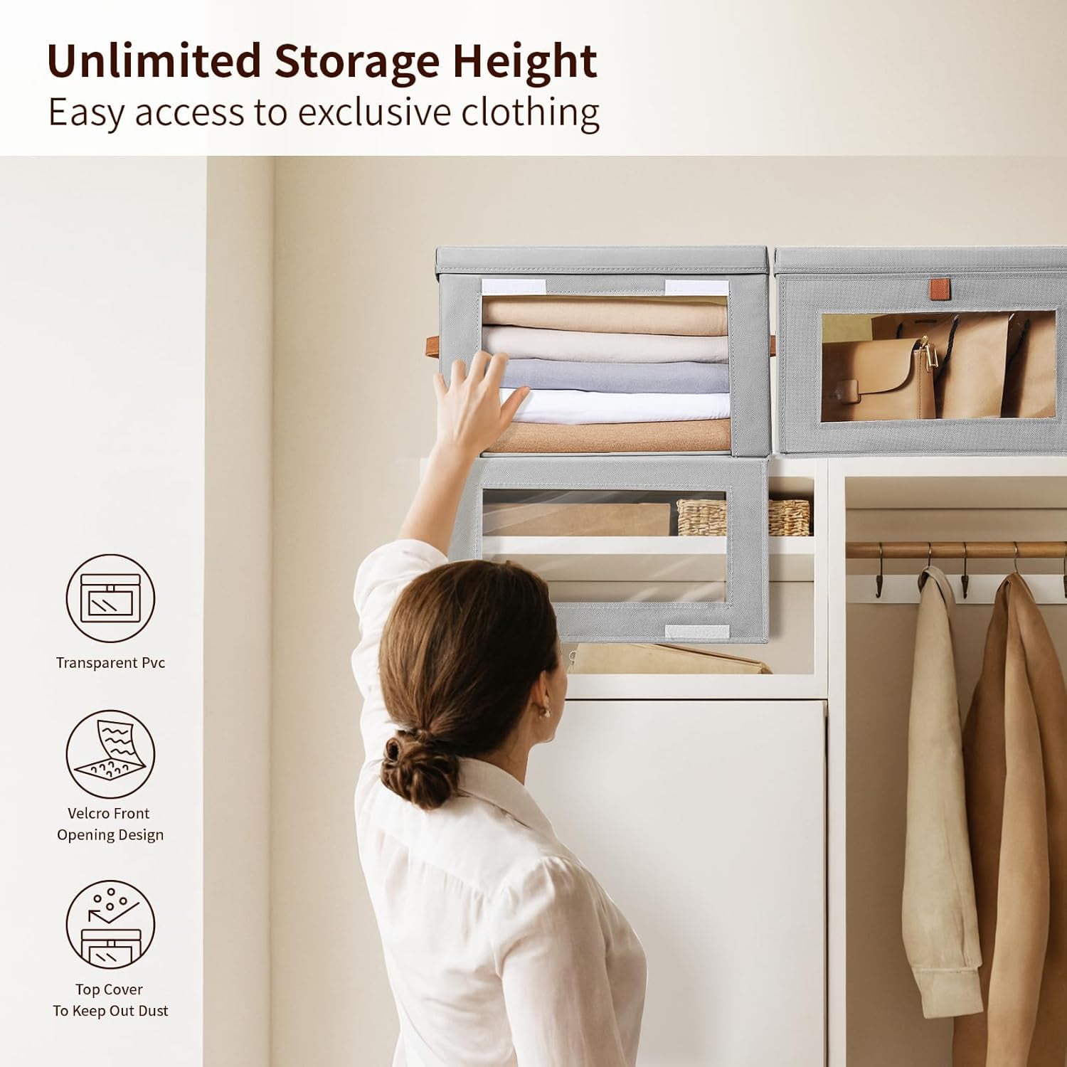 Large Closet Storage Organizer - Clothes Storage Bins with Handles & Window, Collapsible Decorative Boxes with Lids, Fabric Containers for Living Room, Dorm, 4 Pack, Grey