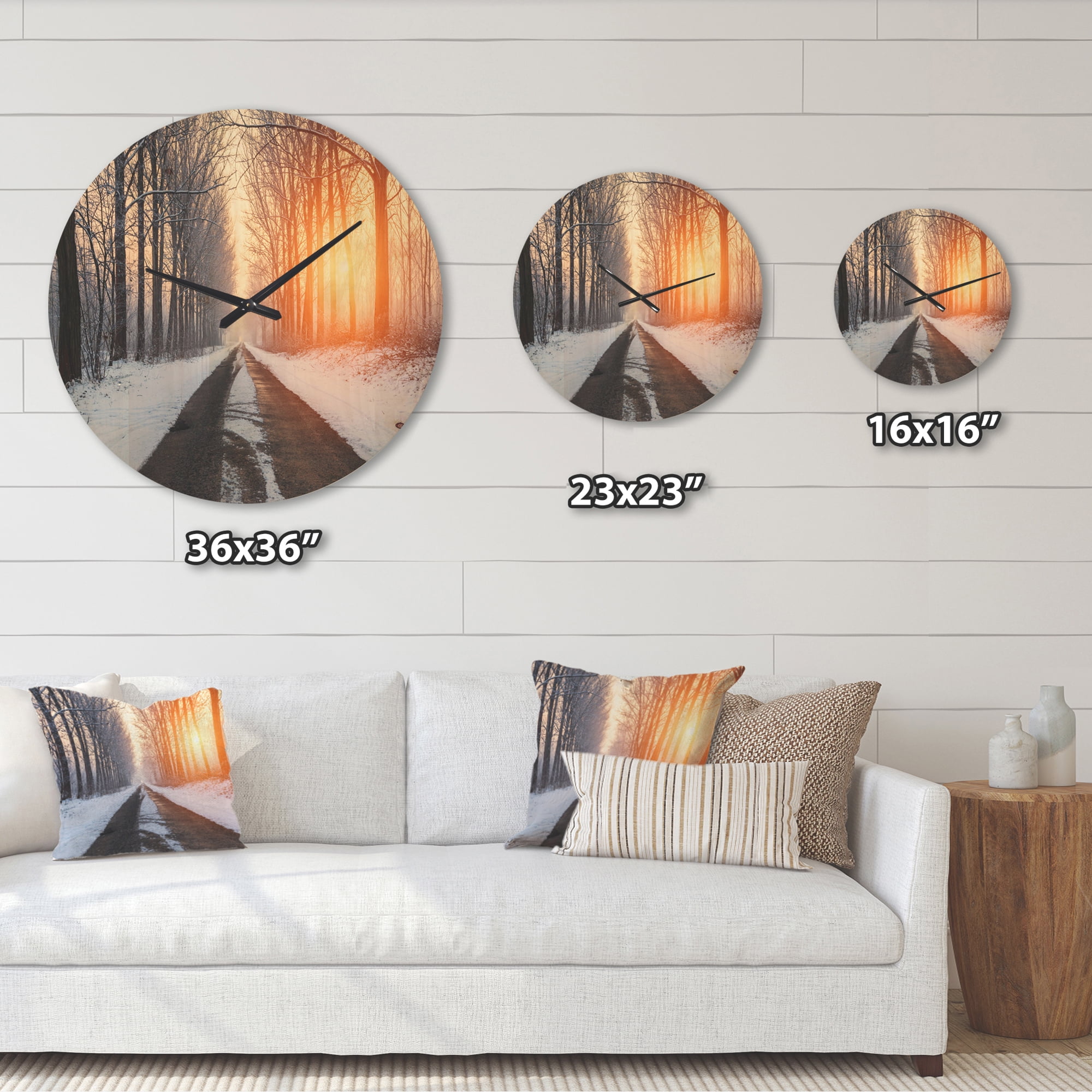 Designart 'Bright Sun Break in Winter Snow Forest ' Farmhouse Wood Wall Clock