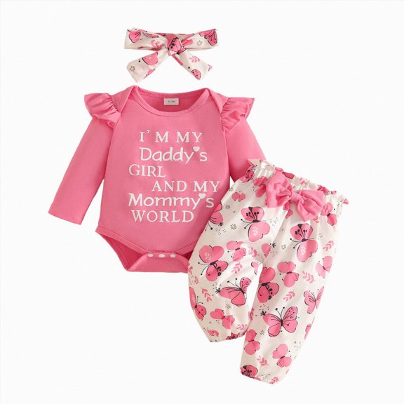 Staki Baby Girl Coming Home Outfit Baby Girl Bodysuit Outfit Long Sleeve Pants Headband Infant Clothes Set 3pcs 3 6 Months(Hot Pink, 3-6 Months)