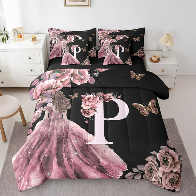 Erosebridal Ensemble de Literie Initiale Fleur P Taille Très Grand, Robe de Princesse Literie Taille Très Grand, Ensemble de Couette Réversible Conte de Fées avec Draps, Décoration de Chambre Légère, 7 Pcs
