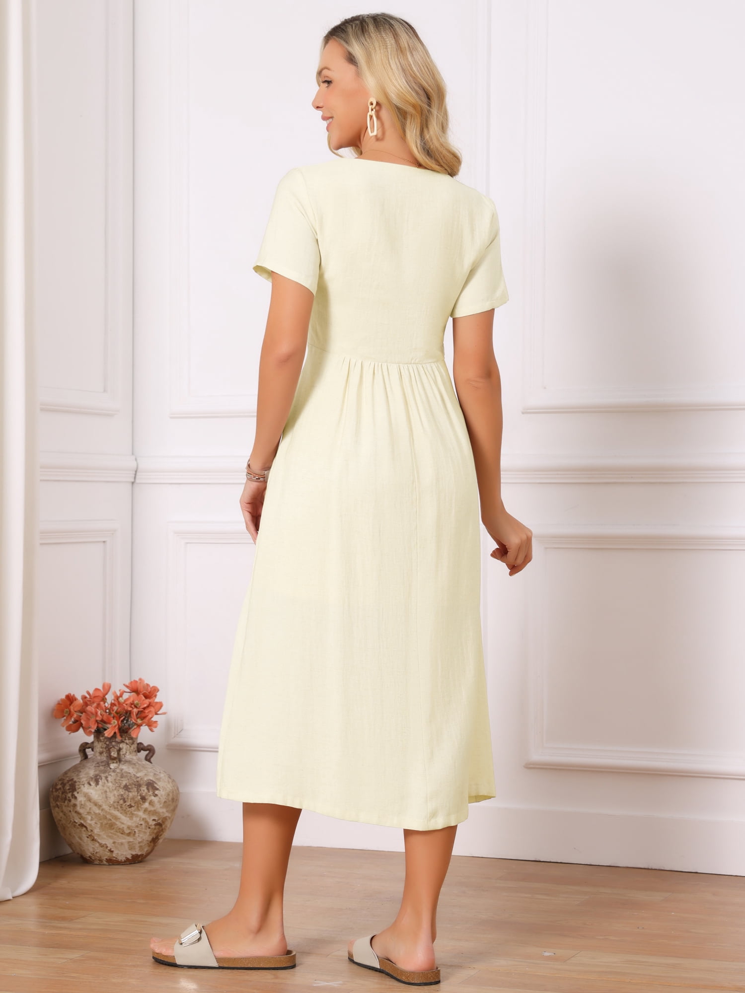 DARING DIVA Women's Linen Short Sleeve V Neck Boho Sundress L Beige