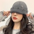 thumbnail image 3 of Knitted Hat Hip Hop Ripped Flanging Metal Ring Solid Color Keep Warm Woolen Yarn Autumn Winter Women Beanie Cap for Outdoor, 3 of 11