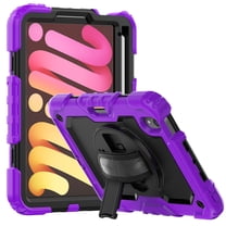 Shockproof Case for Apple iPad mini 6 /7 8.3" with Build In Screen Protector, Rugged Rotating Stand Shoulder Strap Pencil Holder Kids Friendly Bumper Case for Apple iPad mini 6/ Mini 7, Purple