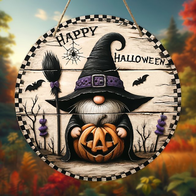 Letrero de madera con diseño de calabaza y brujo Fiudx para decoración de casas de Halloween