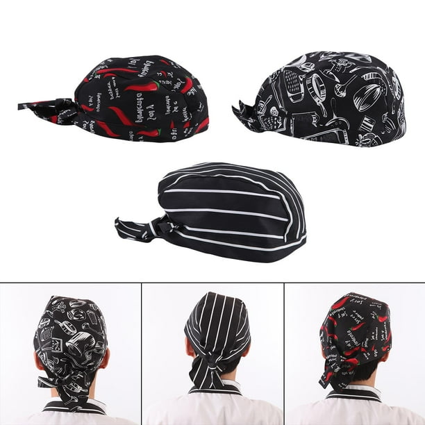 3Pcs Chef Hat Headscarf Men Adjustable Bandana Ladies Bakers Hat Ladies Chef Hat Fork And Spoon With Blue White Stripe Pattern For Kitchen Hotel Restaurant Grill