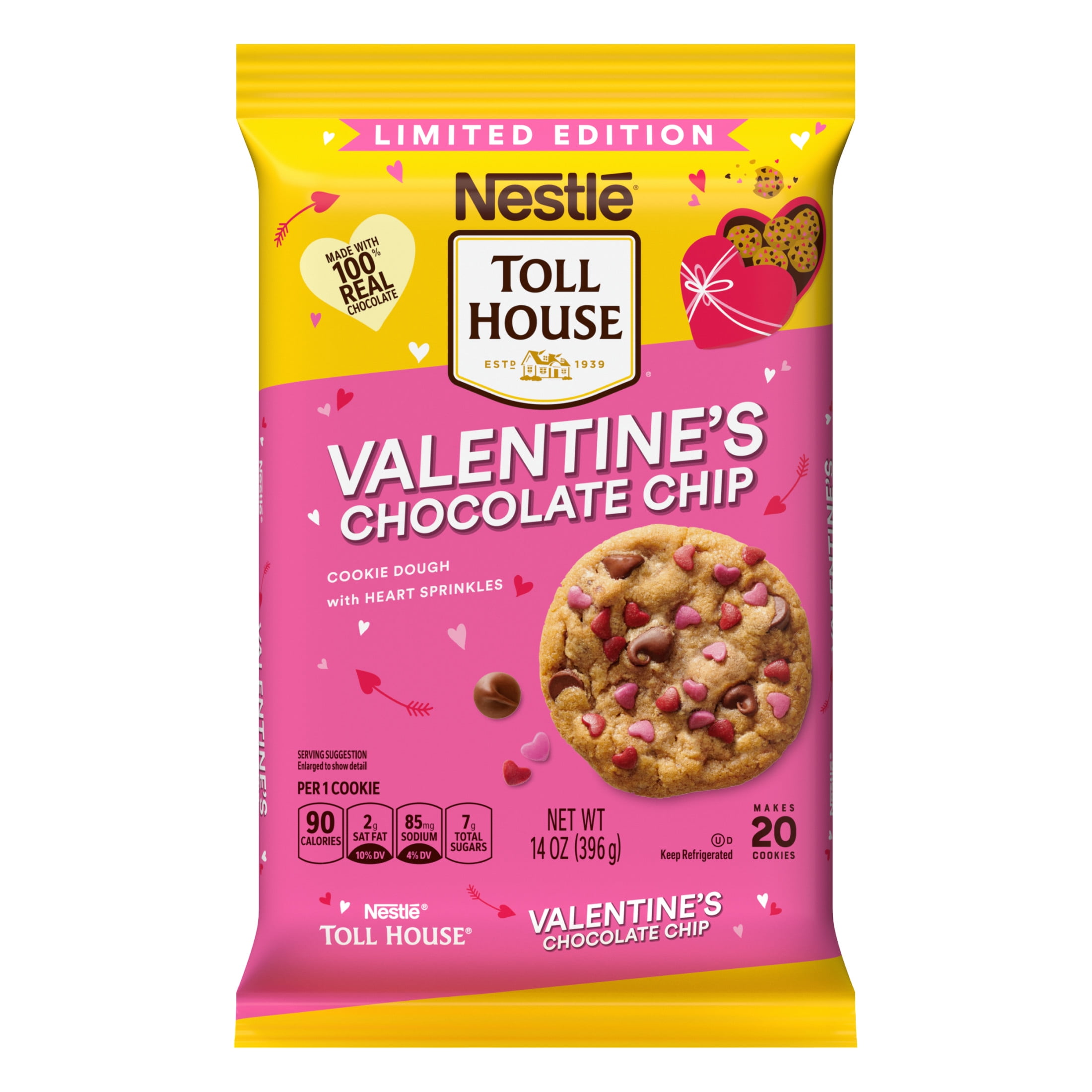 Nestle Toll House Ready to Bake Chocolate Chip Cookie Dough with Heart Sprinkles for Valentines Cookies, 14 oz