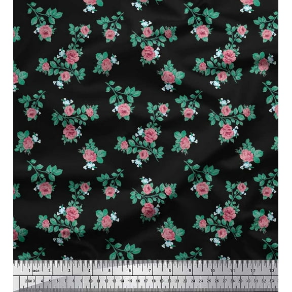 Soimoi Cotton Duck Fabric Leaves & Rose Floral Print Fabric by Yard 42 Inch Wide