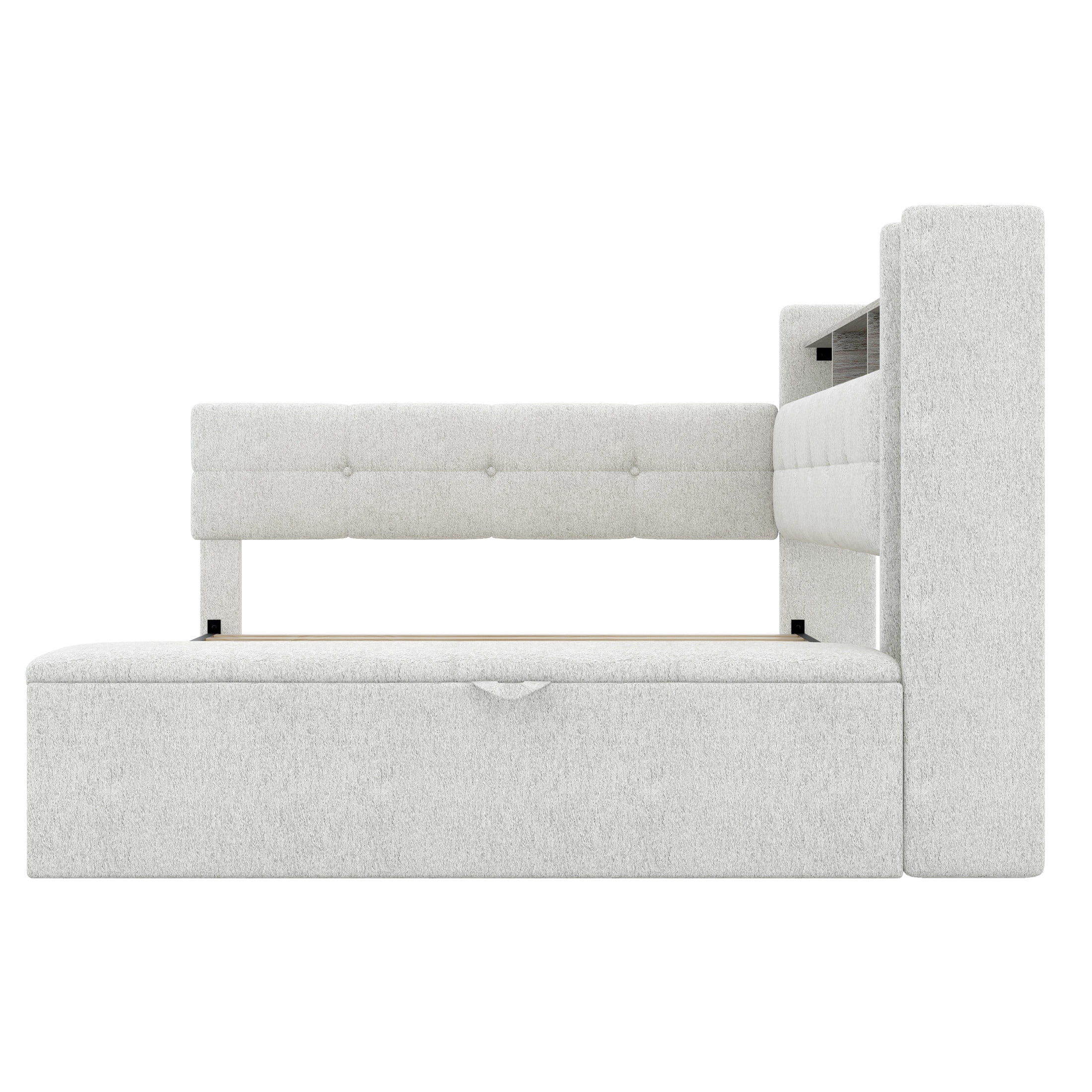 Noble House Brevon Full Size Upholstered Daybed with Extra Drawers, Storage Footstool, USB Port and LED Light, Beige