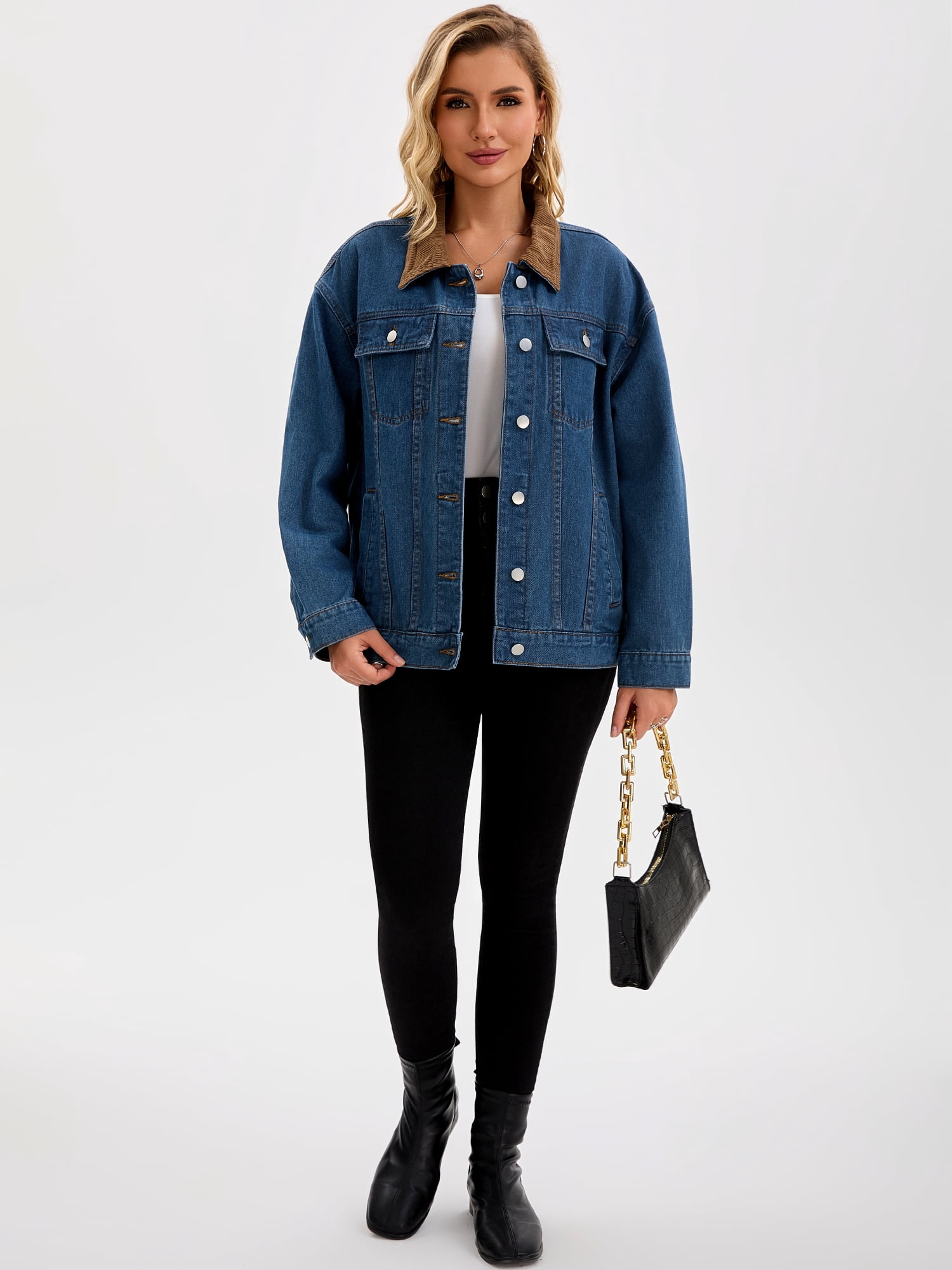 DARING DIVA Women's Button Down Corduroy Collar Long Sleeve Shacket 2XL Dark Blue