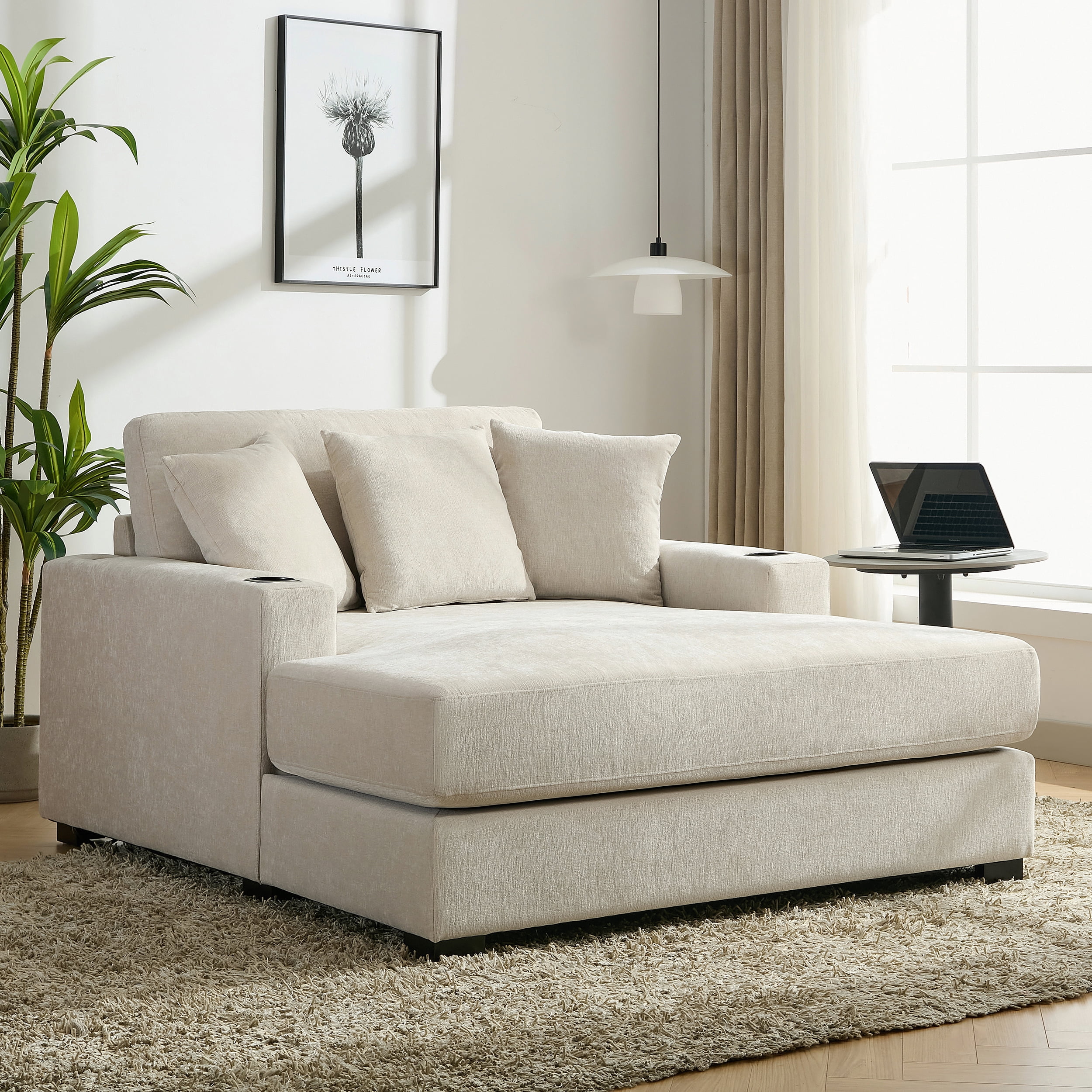 Euroco 55" Oversized Chaise Lounger Modern Style Sofa Couch ,with Pillows, Charge Station & Cup Holders, Chenille Fabric, Cream
