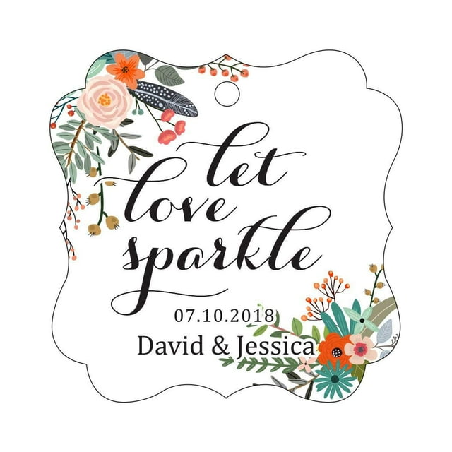 Darling Souvenir Custom Let Love Sparkle Wedding Hang Tags Personalized Fancy Frame Paper Tags -Floral White-50 Tags