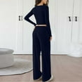 thumbnail image 5 of FRSASU Women's 2 Piece Outfits Lounge Sets Spring Long Sleeve Button Slim Tops Wide Leg Drawstring Pants Casual Matching Set Navy, 5 of 8