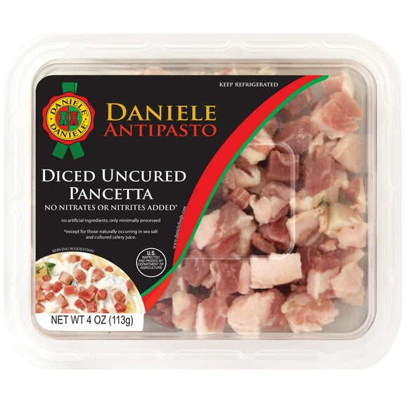 Del Duca, Diced Pancetta, Uncured Pork Belly, 4 oz Plastic Tray, Serving Size .5 oz, 2 grams of Protein per Serving