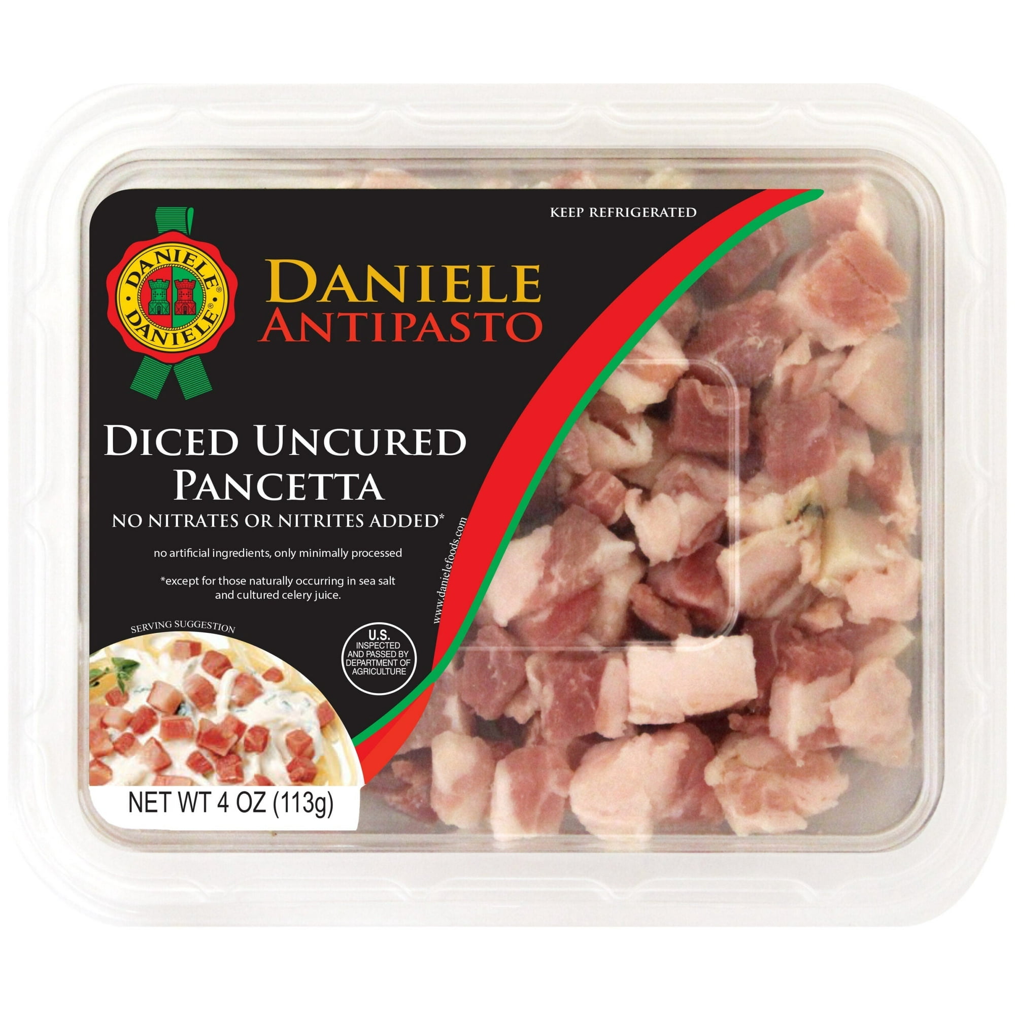 Del Duca Diced Pancetta, Uncured Pork Belly, 4 Oz Plastic Tray, 2 Grams of Protein per Serving
