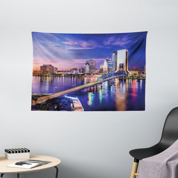 United States Tapestry, Jacksonville Florida Skyline Vibrant Night St. Johns River Scenic, Wall Hanging for Bedroom Living Room Dorm Decor, 60W X 40L Inches, Royal Blue Light Pink, by Ambesonne