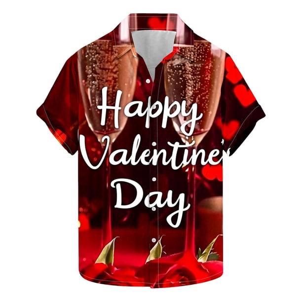 Camisas Casuales de los Hombres Día de San Valentín Impreso Manga Corta Solapa, Poliéster Ligero para el Ocio de Primavera Verano Y Uso Diario