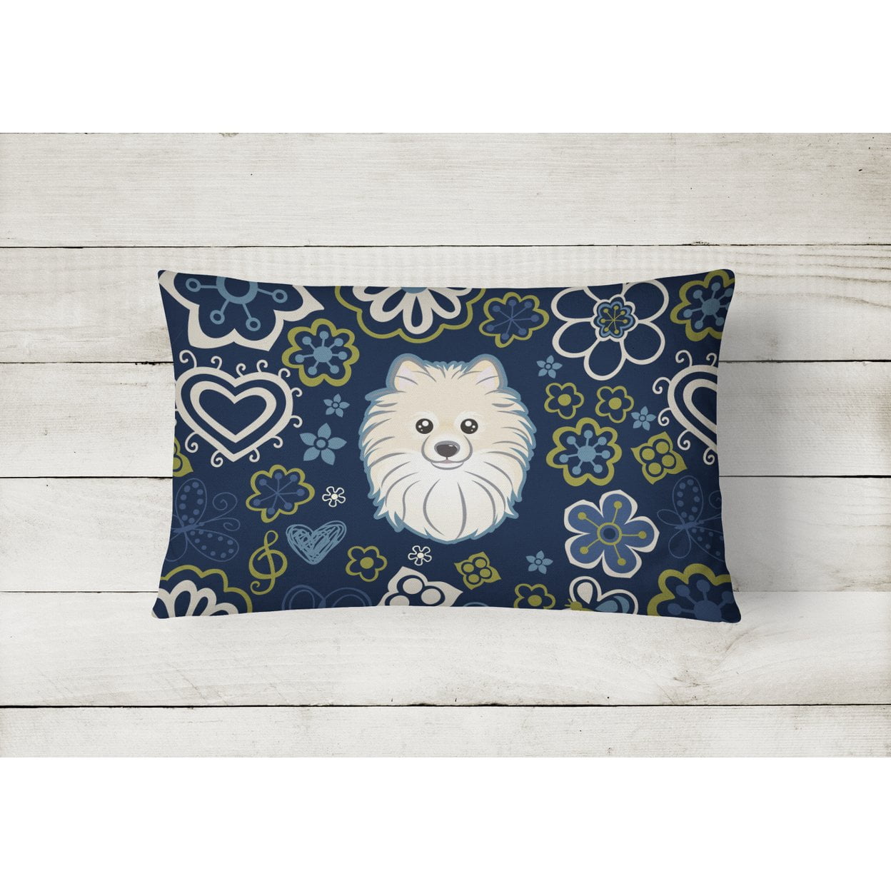 Caroline's Treasures BB5058PW1216 Blue Flowers Pomeranian Canvas Fabric Decorative Pillow , 12H x16W, multicolor
