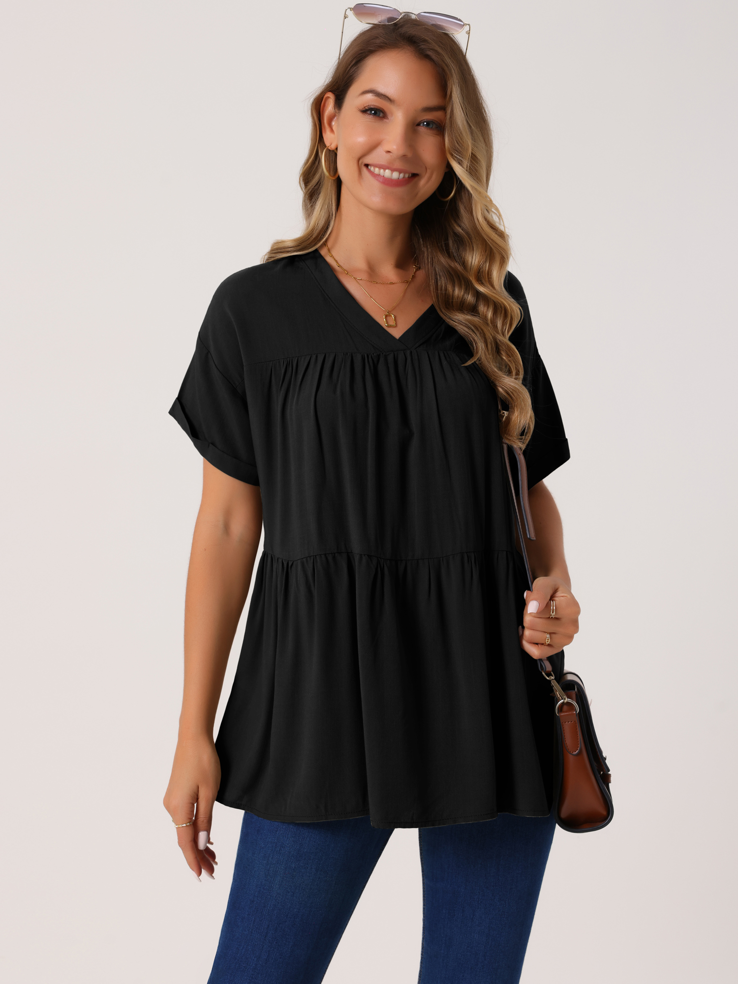 DARING DIVA Women's Babydoll Casual V Neck Short Sleeve Peplum Blouse S Black