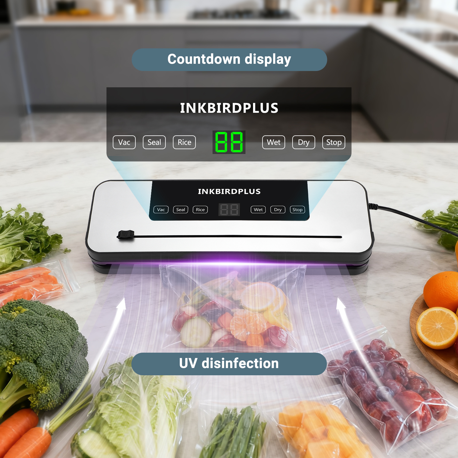 INKBIRDPLUS Vacuum Sealer, White and Black with -65KPA Suction, Multiple Modes, UV Sterilization
