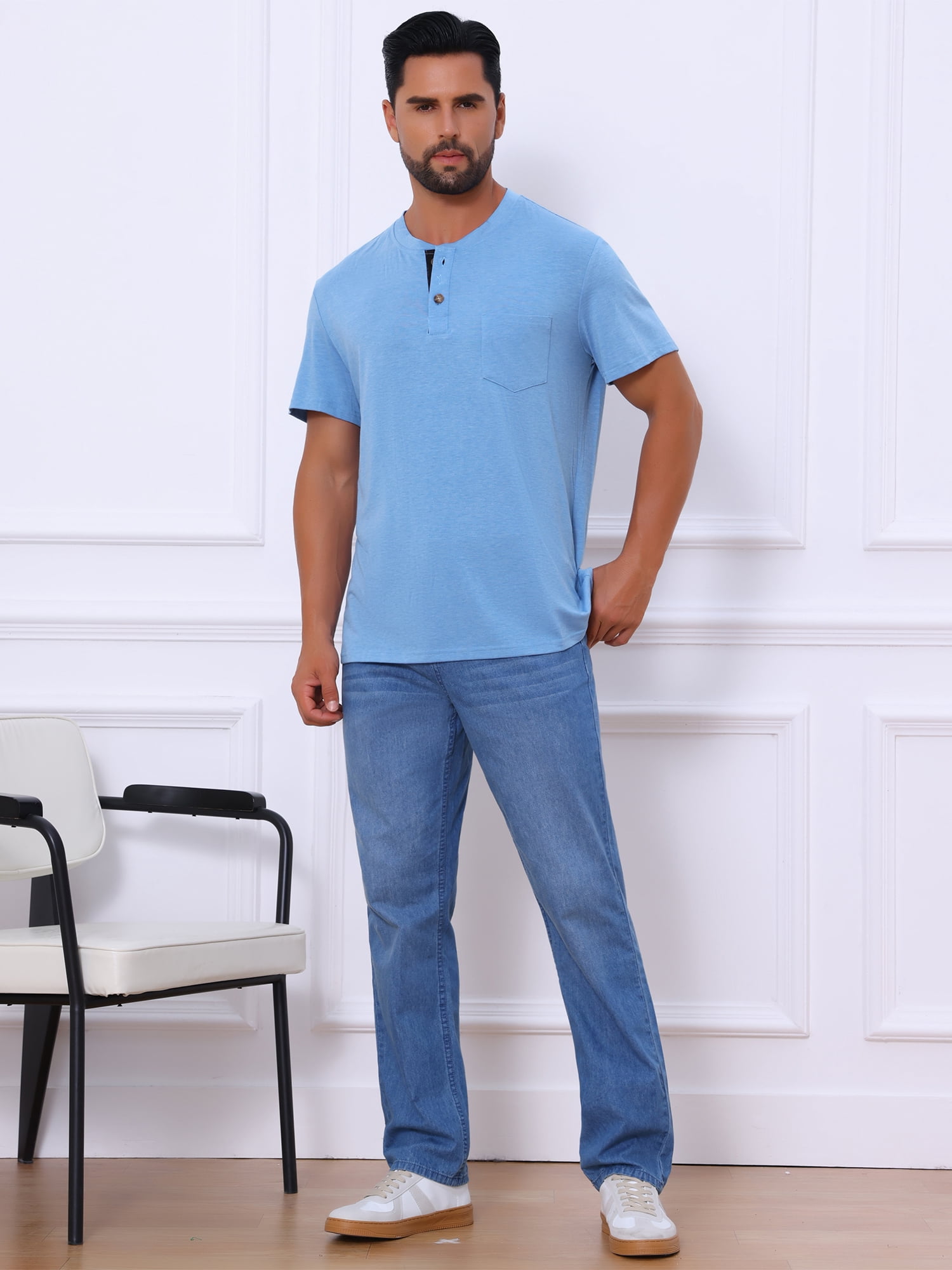 DARING DIVA Men's Casual Summer Short Sleeves Button Henley Basic Tee 2XL Light Blue