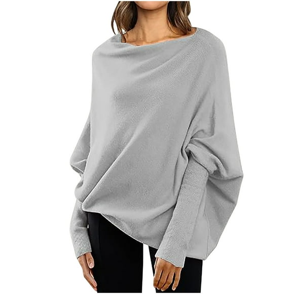 Yuyuzo Womens Pullover Jumper Tops Batwing Sleeve Scoop Neck Sweaters Ribble Knit Solid Color Blouse