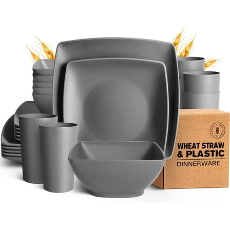 Teivio 24-piece Plastic Wheat Straw Square Dinnerware Set for 6, Unbreakable Dinner Plates, Salad Plates, Snack Bowls, Tumblers 20 oz, Dishwasher Safe (Service for 6 (24 pieces), Grey)