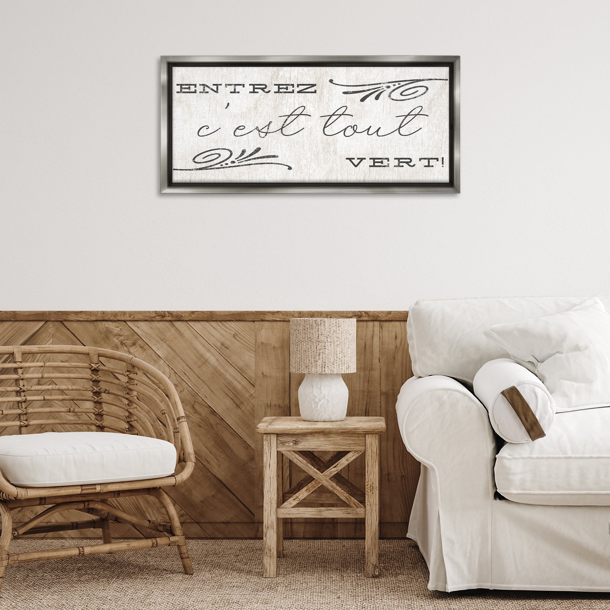 Stupell Industries French Come In Phrase Text & Numbers Painting Gray Floater Framed Canvas Art Print Wall Art, 31 x 14