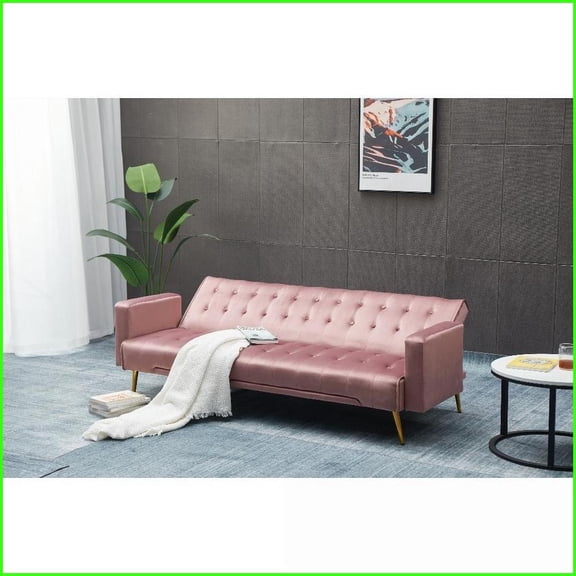 Premium Pink Velvet Sofa Bed | Tufted Back | Light Luxury Style | Golden Metal Legs for Small Spaces