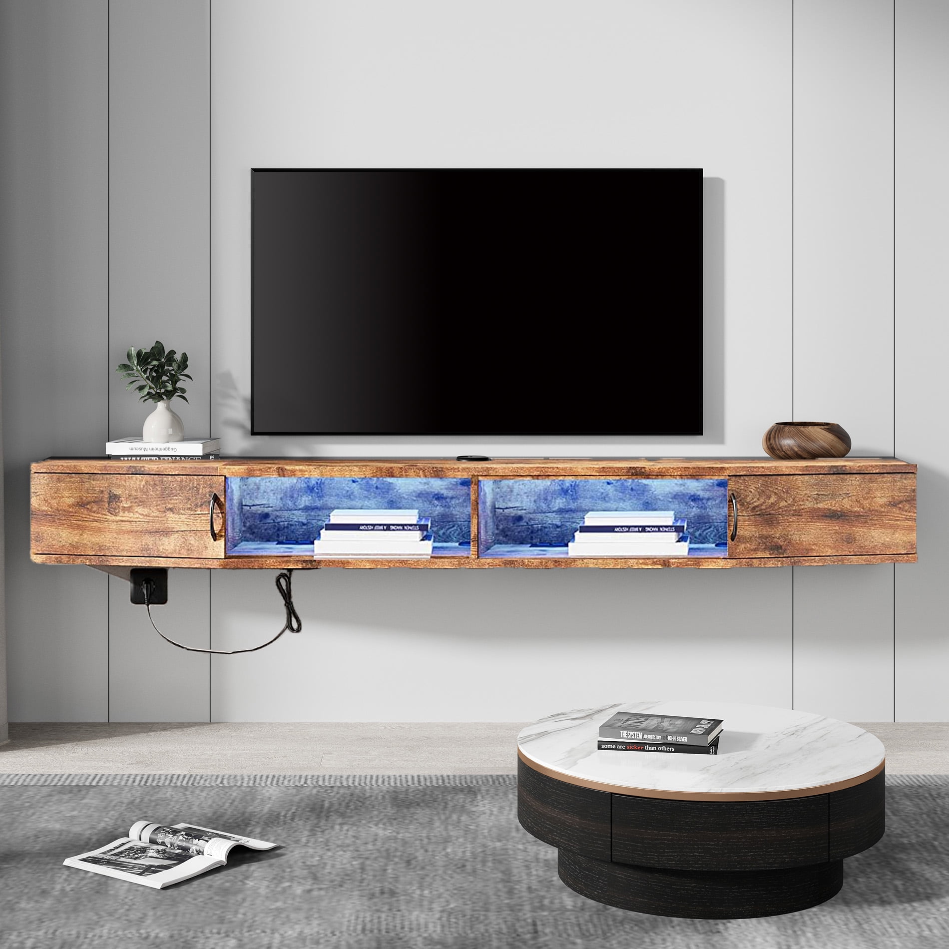 Floating TV Stand Wall Mounted Shelf with Blue LED Lights, Wood Media Console Entertainment Center Under TV, Cabinet Hutch Desk Storage for Living Room,Rustic Brown