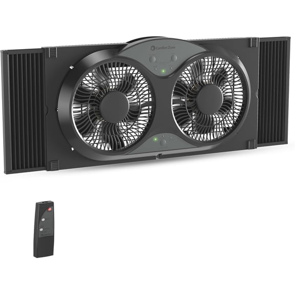 Comfort Zone 9'' Reversible Twin Window Fan with Remote Control, Black