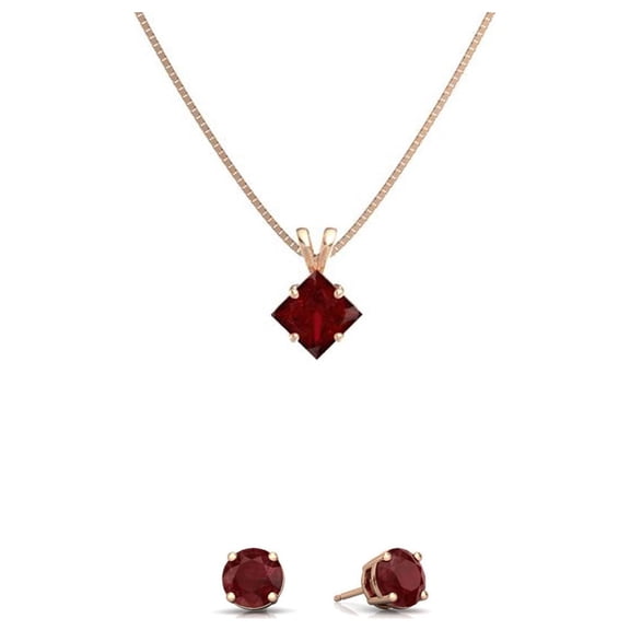 Paris Jewelry 18K Rose Gold 3ct Ruby Square 18 Inch Necklace and Round Earrings Set Plated